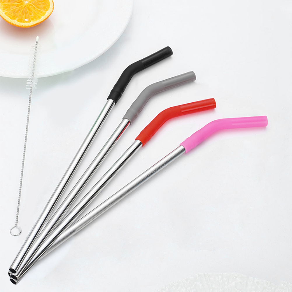 Mixing Cup Silicone - หลอดดูดน้ำโลหะยาว 4 ชิ้นพร้อมปลายซิลิโคน แปรงทำความสะอาดหลอด หลอดดูดน้ำสแตนเลสพร้อมฝาปิด สำหรับอุปกรณ์เสริมแก้ว