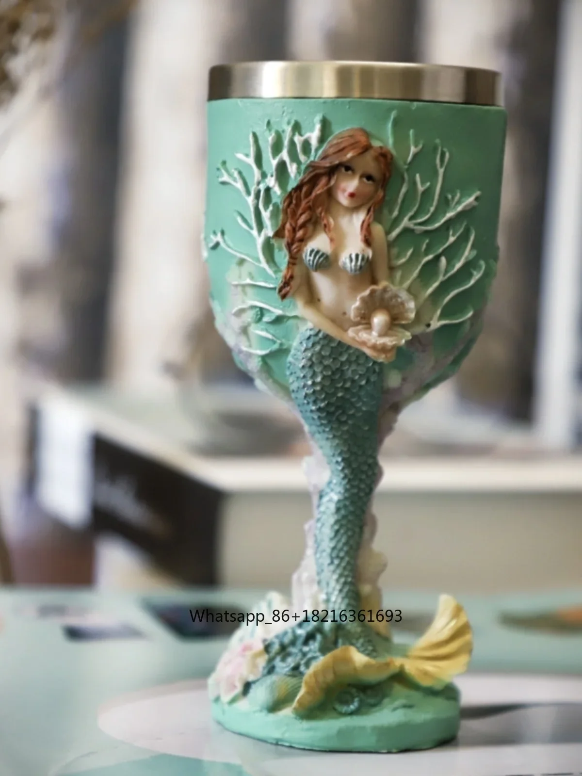 Resin Crafts - แก้วไวน์สเตนเลสสตีลลายเงือกแกะสลักสามมิติ งานฝีมือเพ้นท์มือ แก้วน้ำเรซิ่นดีไซน์สร้างสรรค์ สำหรับการค้าต่างประเทศ