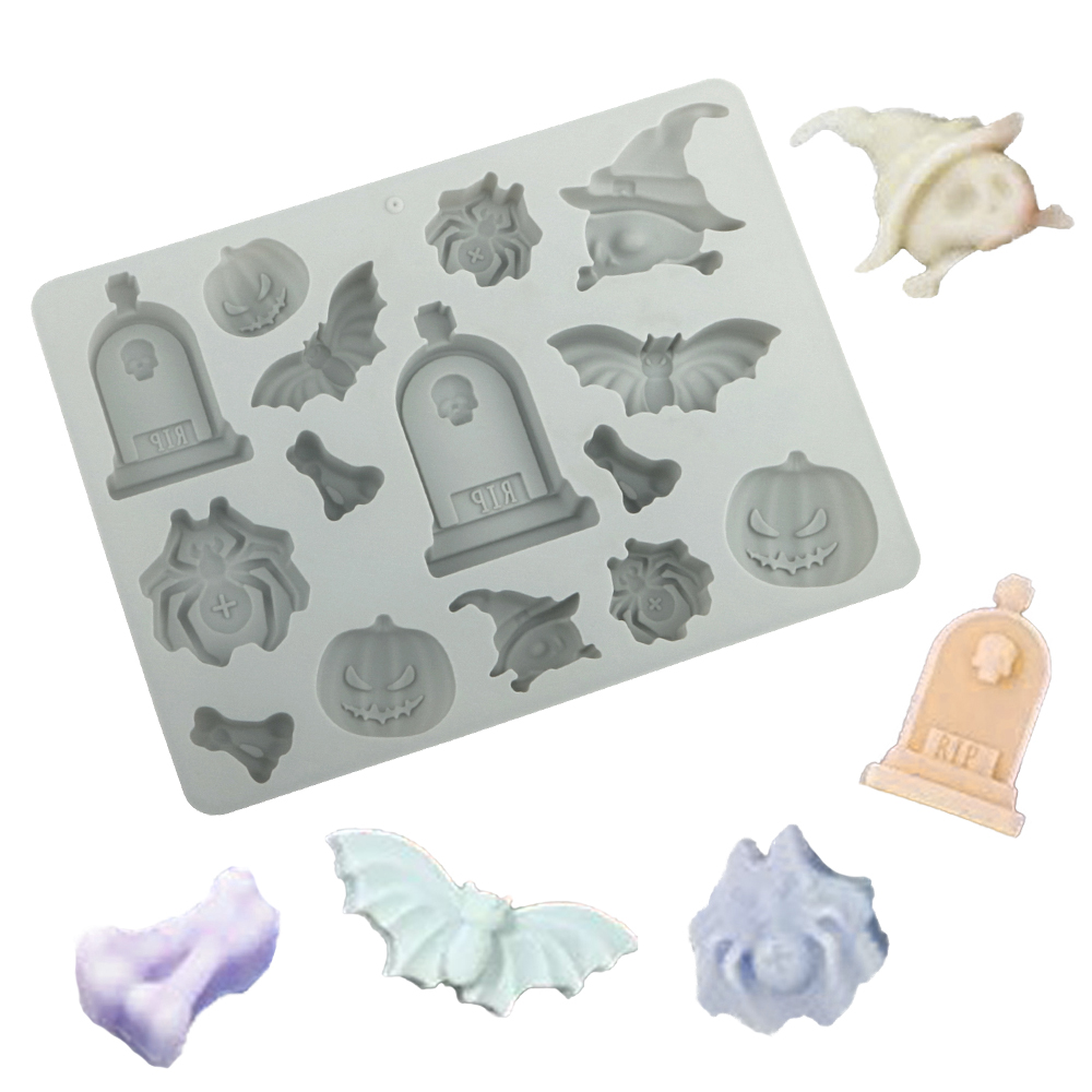 Silicone Mold Tray - แม่พิมพ์ซิลิโคนรูปปั้นหลุมศพแมงมุมฟักทองค้างคาวกะโหลกสำหรับทำช็อกโกแลต คัพเค้ก และน้ำแข็ง สำหรับเทศกาลฮาโลวีน อุปกรณ์ทำขนมในครัว