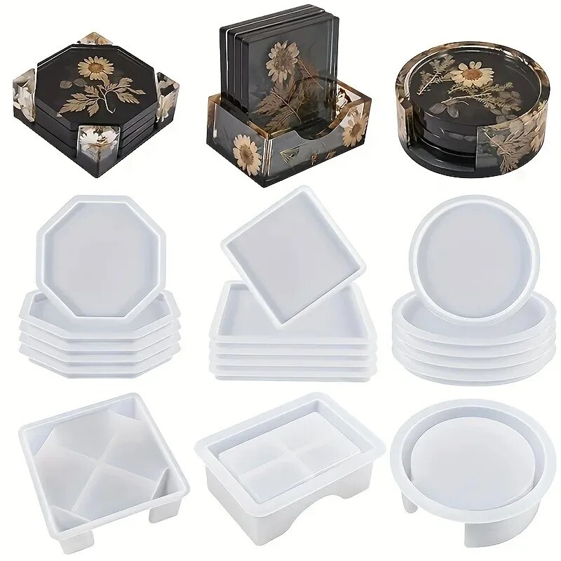 Mixing Cup Silicone - Coaster เรซินแม่พิมพ์ชุดรวม 1 PC Coaster กล่องเก็บแม่พิมพ์,4